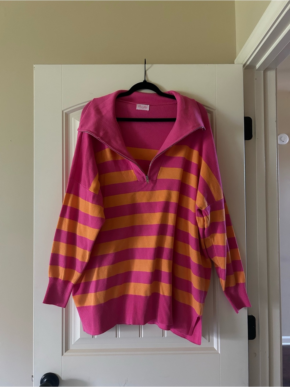 Pink Lily Pink and Orange Striped Cowl Half-Zip Sweater